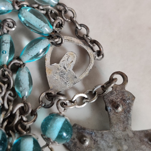 Vintage Blue Glass Rosary Enamel Crucifix INRI - Picture 9 of 13